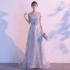 Chic / Beautiful Grey Evening Dresses  2020 A-Line / Princess Spaghetti Straps Short Sleeve Sequins Tassel Glitter Tulle Sweep Train Ruffle Backless Formal Dresses