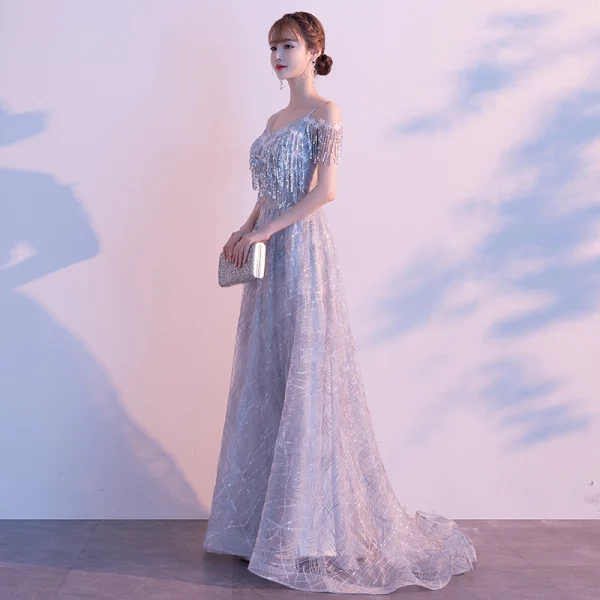 Hermoso Gris Vestidos de noche 2020 A-Line / Princess Spaghetti Straps Manga Corta Lentejuelas Tassel Glitter Tul Colas De Barrido Ruffle Sin Espalda Vestidos Formales
