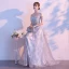 Hermoso Gris Vestidos de noche 2020 A-Line / Princess Spaghetti Straps Manga Corta Lentejuelas Tassel Glitter Tul Colas De Barrido Ruffle Sin Espalda Vestidos Formales