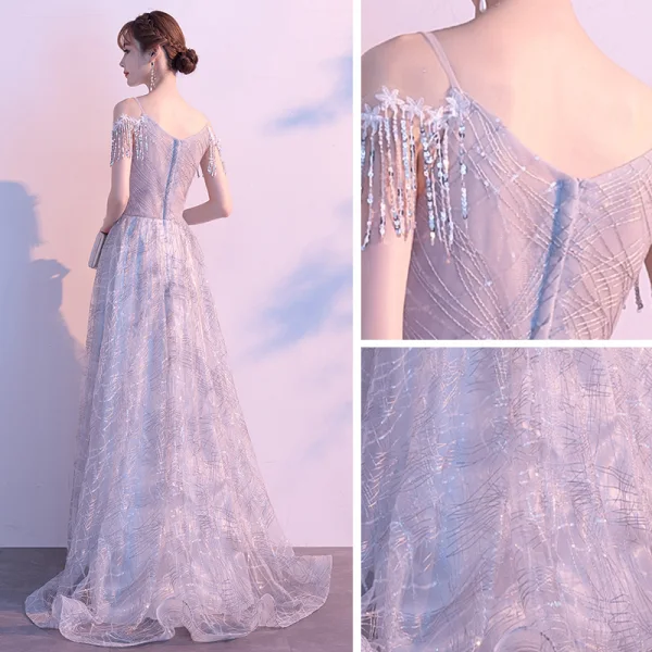 Hermoso Gris Vestidos de noche 2020 A-Line / Princess Spaghetti Straps Manga Corta Lentejuelas Tassel Glitter Tul Colas De Barrido Ruffle Sin Espalda Vestidos Formales