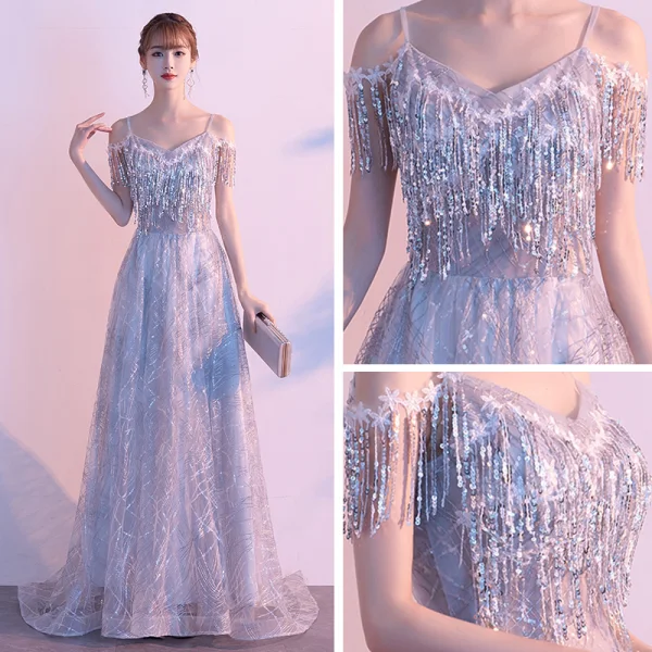 Hermoso Gris Vestidos de noche 2020 A-Line / Princess Spaghetti Straps Manga Corta Lentejuelas Tassel Glitter Tul Colas De Barrido Ruffle Sin Espalda Vestidos Formales
