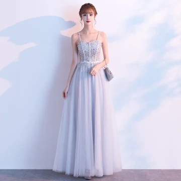 Chic Belle Gris Robe De Soirée 2020 Princesse Bretelles Spaghetti Sans Manches Paillettes Perlage Longue Volants Dos Nu Robe De Ceremonie