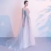 Charming High-end Grey See-through Evening Dresses  2020 A-Line / Princess Square Neckline Long Sleeve Handmade  Beading Sweep Train Formal Dresses