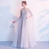 Charming High-end Grey See-through Evening Dresses  2020 A-Line / Princess Square Neckline Long Sleeve Handmade  Beading Sweep Train Formal Dresses