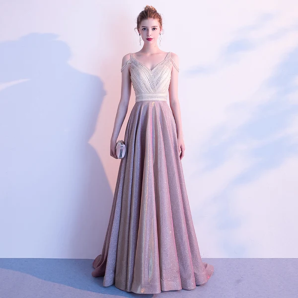High End Pink Abendkleider 2020 A Linie V-Ausschnitt Kurze Ärmel Glanz Polyester Perlenstickerei Sweep / Pinsel Zug Rückenfreies Festliche Kleider