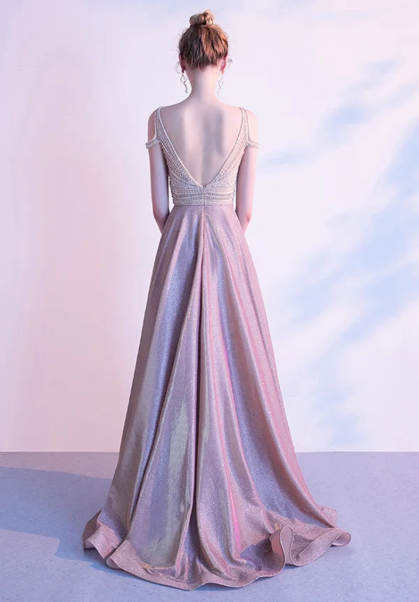 High End Pink Abendkleider 2020 A Linie V-Ausschnitt Kurze Ärmel Glanz Polyester Perlenstickerei Sweep / Pinsel Zug Rückenfreies Festliche Kleider
