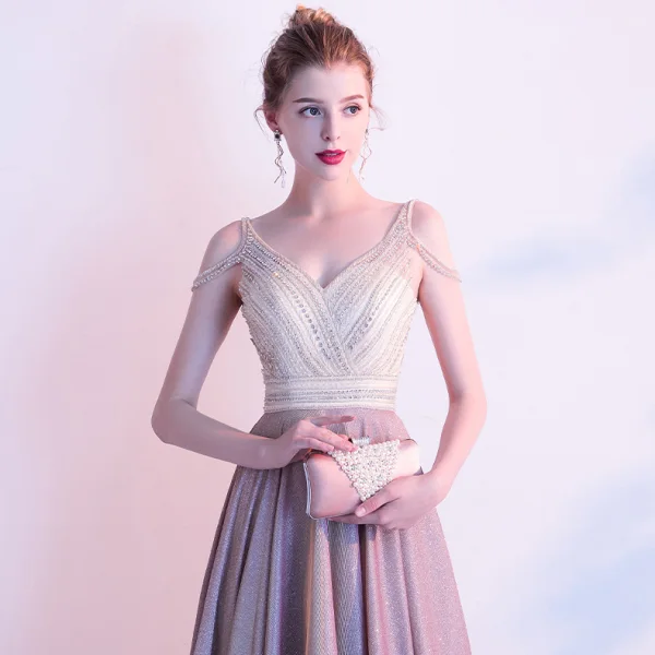 High End Pink Abendkleider 2020 A Linie V-Ausschnitt Kurze Ärmel Glanz Polyester Perlenstickerei Sweep / Pinsel Zug Rückenfreies Festliche Kleider