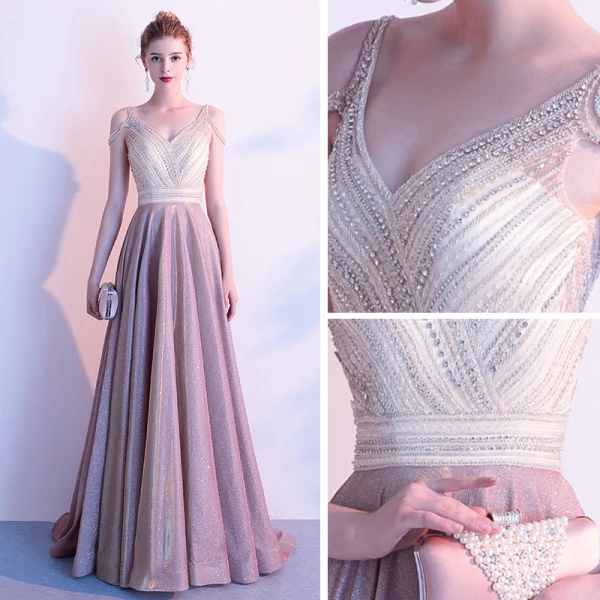 High End Pink Abendkleider 2020 A Linie V-Ausschnitt Kurze Ärmel Glanz Polyester Perlenstickerei Sweep / Pinsel Zug Rückenfreies Festliche Kleider