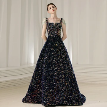 Glittrande Färgad Paljetter Mörk Marinblå Balklänningar 2020 Prinsessa Fyrkantig Ringning Holkärm Beading Glittriga Glitter Polyester Svep Tåg Ruffle Halterneck Formella Klänningar