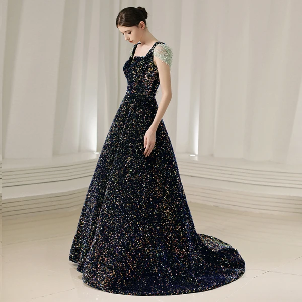 Scintillantes Coloré Paillettes Bleu Marine Robe De Bal 2020 Princesse Encolure Carrée Mancherons Perlage Glitter Polyester Train De Balayage Volants Dos Nu Robe De Ceremonie