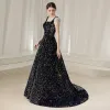 Sparkly Colored Sequins Navy Blue Prom Dresses 2020 A-Line / Princess Square Neckline Cap Sleeves Beading Glitter Polyester Sweep Train Ruffle Backless Formal Dresses