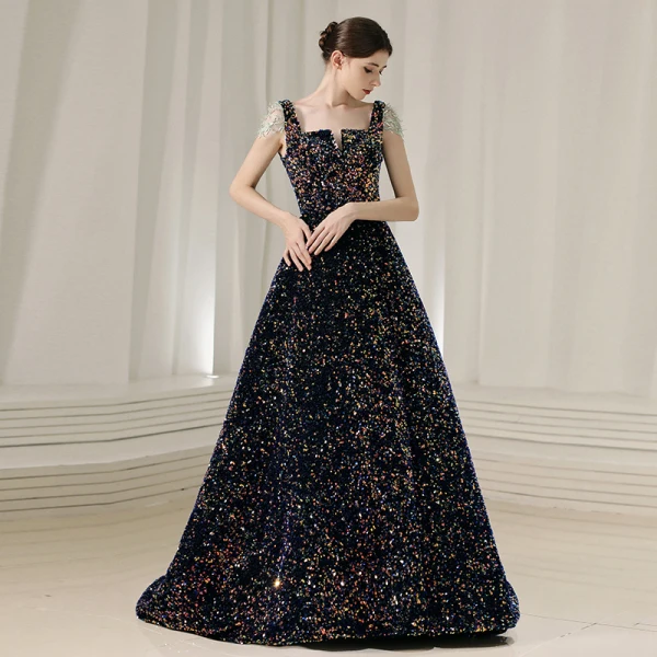 Scintillantes Coloré Paillettes Bleu Marine Robe De Bal 2020 Princesse Encolure Carrée Mancherons Perlage Glitter Polyester Train De Balayage Volants Dos Nu Robe De Ceremonie