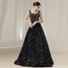 Sparkly Colored Sequins Navy Blue Prom Dresses 2020 A-Line / Princess Square Neckline Cap Sleeves Beading Glitter Polyester Sweep Train Ruffle Backless Formal Dresses