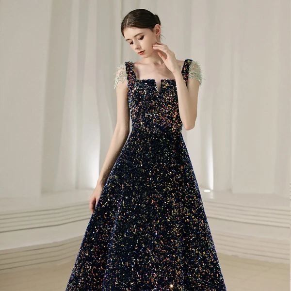 Sparkly Colored Sequins Navy Blue Prom Dresses 2020 A-Line / Princess Square Neckline Cap Sleeves Beading Glitter Polyester Sweep Train Ruffle Backless Formal Dresses Sparkly Colored Sequins Navy Blue Prom Dresses 2020 A-Line / Princess Square Neckline Cap Sleeves Beading Glitter Polyester Sweep Train Ruffle Backless Formal Dresses