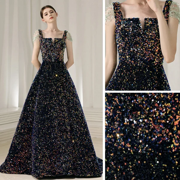 Scintillantes Coloré Paillettes Bleu Marine Robe De Bal 2020 Princesse Encolure Carrée Mancherons Perlage Glitter Polyester Train De Balayage Volants Dos Nu Robe De Ceremonie