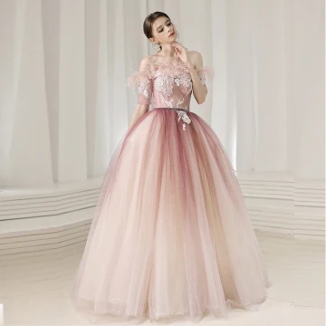 Charmant Rougissant Rose Robe De Bal 2020 Robe Boule De L 039 Épaule Manches Courtes Glitter Tulle Appliques En Dentelle Perlage Plumes Longue Volants Dos Nu Robe De Ceremonie