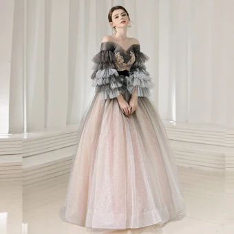Elegant Pearl Pink Prom Dresses 2020 Princess Off The Shoulder Long Sleeve Glitter Tulle Appliques Lace Beading Sash Floor Length Long Ruffle Backless Formal Dresses
