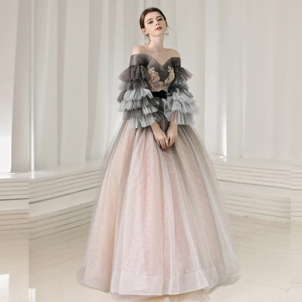 Elegant Pearl Pink Prom Dresses 2020 Princess Off-The-Shoulder Long Sleeve Glitter Tulle Appliques Lace Beading Sash Floor-Length / Long Ruffle Backless Formal Dresses