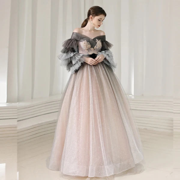 Elegant Pearl Pink Prom Dresses 2020 Princess Off-The-Shoulder Long Sleeve Glitter Tulle Appliques Lace Beading Sash Floor-Length / Long Ruffle Backless Formal Dresses
