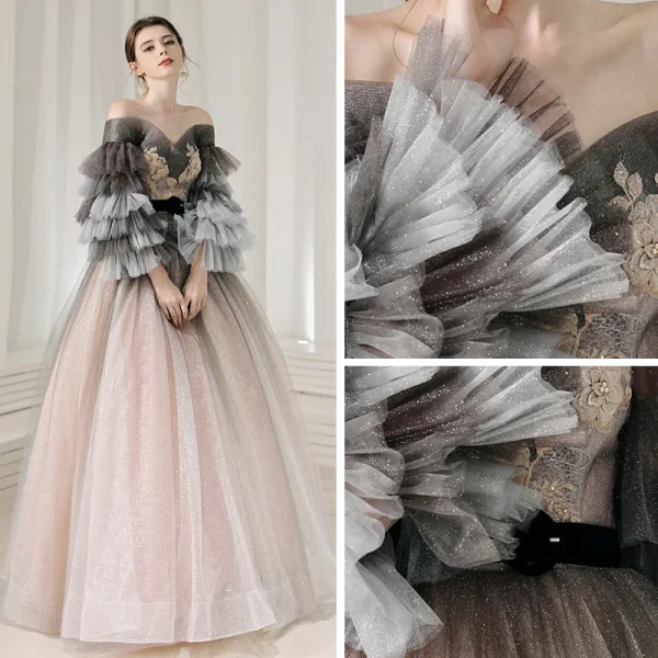 Elegant Pearl Pink Prom Dresses 2020 Princess Off-The-Shoulder Long Sleeve Glitter Tulle Appliques Lace Beading Sash Floor-Length / Long Ruffle Backless Formal Dresses
