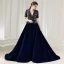 Fashion Navy Blue Suede Winter Evening Dresses  2020 A-Line / Princess V-Neck Short Sleeve Sash Sequins Court Train Ruffle Formal Dresses