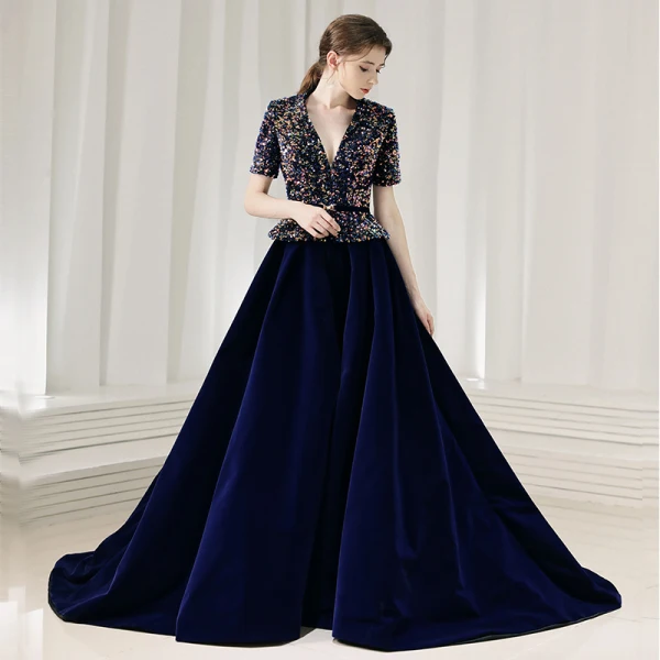 Fashion Navy Blue Suede Winter Evening Dresses 2020 A-Line / Princess V-Neck Short Sleeve Sash Sequins Court Train Ruffle Formal Dresses Fashion Navy Blue Suede Winter Evening Dresses 2020 A-Line / Princess V-Neck Short Sleeve Sash Sequins Court Train Ruffle Formal Dresses