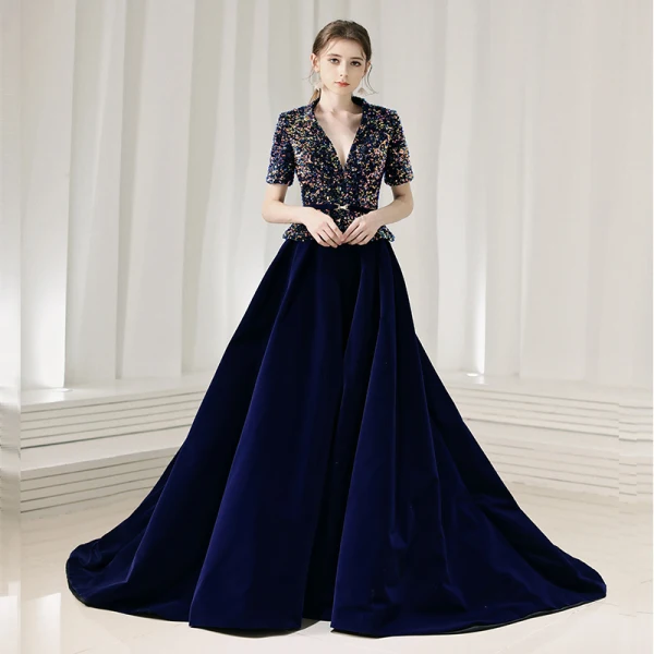 Fashion Navy Blue Suede Winter Evening Dresses 2020 A-Line / Princess V-Neck Short Sleeve Sash Sequins Court Train Ruffle Formal Dresses