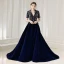 Fashion Navy Blue Suede Winter Evening Dresses  2020 A-Line / Princess V-Neck Short Sleeve Sash Sequins Court Train Ruffle Formal Dresses