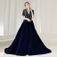 Fashion Navy Blue Suede Winter Evening Dresses  2020 A-Line / Princess V-Neck Short Sleeve Sash Sequins Court Train Ruffle Formal Dresses
