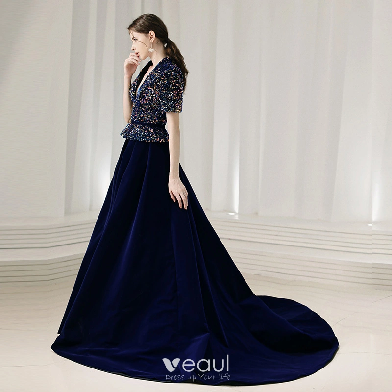 Fashion Navy Blue Suede Winter Evening Dresses 2020 A Line
