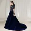Fashion Navy Blue Suede Winter Evening Dresses  2020 A-Line / Princess V-Neck Short Sleeve Sash Sequins Court Train Ruffle Formal Dresses