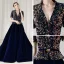 Fashion Navy Blue Suede Winter Evening Dresses  2020 A-Line / Princess V-Neck Short Sleeve Sash Sequins Court Train Ruffle Formal Dresses