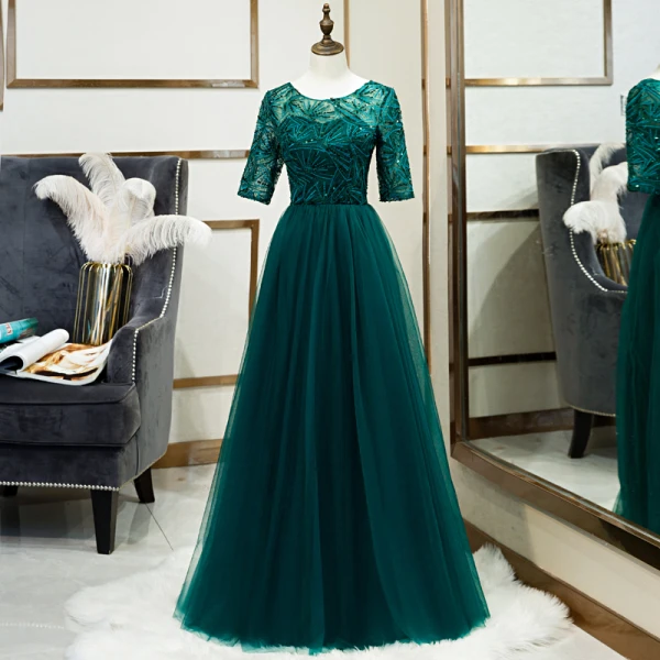 Chic / Beautiful Green See-through Evening Dresses 2020 A-Line / Princess Scoop Neck 1/2 Sleeves Appliques Lace Sequins Floor-Length / Long Ruffle