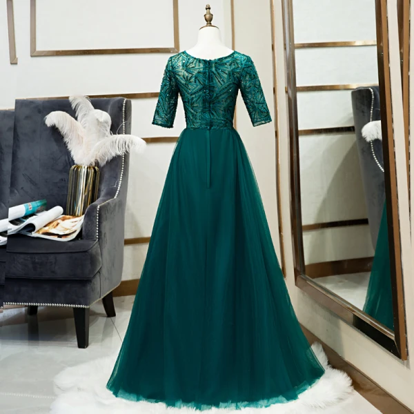 Chic / Beautiful Green See-through Evening Dresses 2020 A-Line / Princess Scoop Neck 1/2 Sleeves Appliques Lace Sequins Floor-Length / Long Ruffle