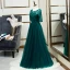 Chic / Beautiful Green See-through Evening Dresses  2020 A-Line / Princess Scoop Neck 1/2 Sleeves Appliques Lace Sequins Floor-Length / Long Ruffle Formal Dresses