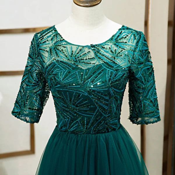Chic / Beautiful Green See-through Evening Dresses 2020 A-Line / Princess Scoop Neck 1/2 Sleeves Appliques Lace Sequins Floor-Length / Long Ruffle Formal Dresses