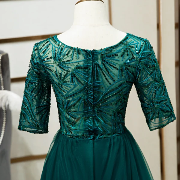 Chic / Beautiful Green See-through Evening Dresses 2020 A-Line / Princess Scoop Neck 1/2 Sleeves Appliques Lace Sequins Floor-Length / Long Ruffle Formal Dresses