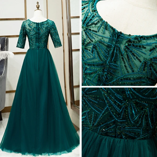 Chic / Beautiful Green See-through Evening Dresses 2020 A-Line / Princess Scoop Neck 1/2 Sleeves Appliques Lace Sequins Floor-Length / Long Ruffle Formal Dresses