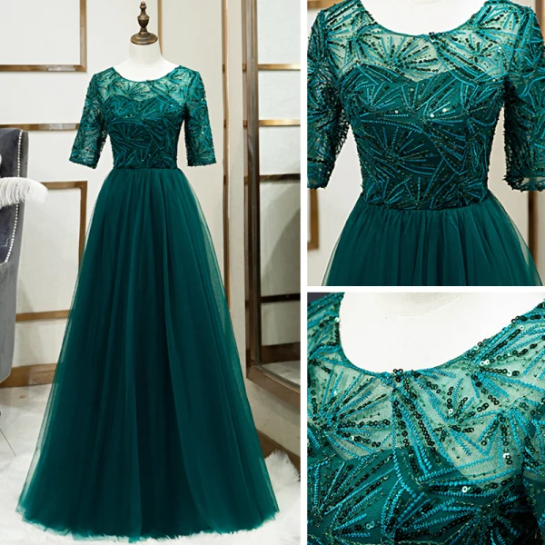 Chic / Beautiful Green See-through Evening Dresses 2020 A-Line / Princess Scoop Neck 1/2 Sleeves Appliques Lace Sequins Floor-Length / Long Ruffle Formal Dresses