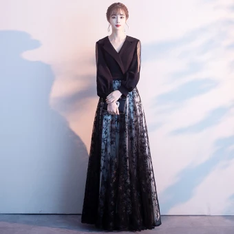 Abordable Noire Robe De Soirée 2020 Princesse V Cou Gonflée Manches Longues Étoile Appliques En Dentelle Longue Volants Robe De Ceremonie