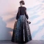 Affordable Black Evening Dresses  2020 A-Line / Princess V-Neck Puffy Long Sleeve Star Appliques Lace Floor-Length / Long Ruffle Formal Dresses
