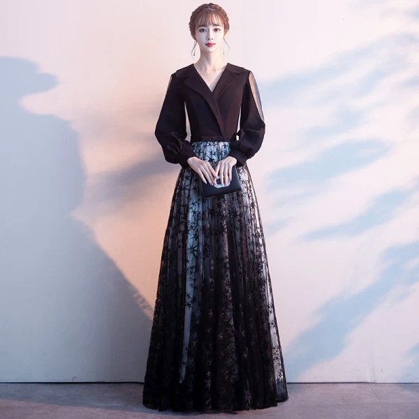 Affordable Black Evening Dresses  2020 A-Line / Princess V-Neck Puffy Long Sleeve Star Appliques Lace Floor-Length / Long Ruffle Formal Dresses