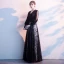 Affordable Black Evening Dresses  2020 A-Line / Princess V-Neck Puffy Long Sleeve Star Appliques Lace Floor-Length / Long Ruffle Formal Dresses