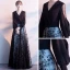Affordable Black Evening Dresses  2020 A-Line / Princess V-Neck Puffy Long Sleeve Star Appliques Lace Floor-Length / Long Ruffle Formal Dresses