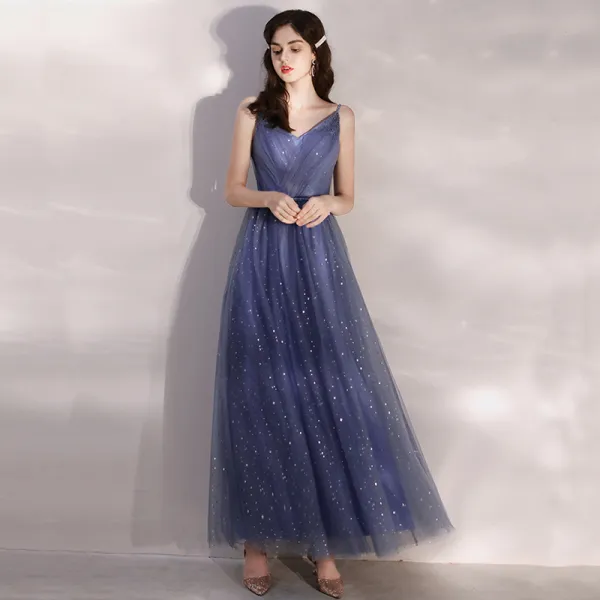 Affordable Ocean Blue Evening Dresses  2020 A-Line / Princess Spaghetti Straps Sleeveless Glitter Tulle Beading Sash Ankle Length Ruffle Backless Formal Dresses