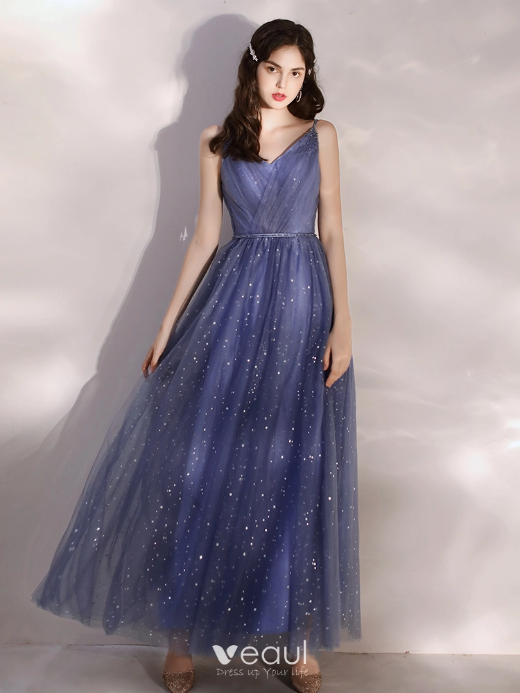 Affordable Ocean Blue Evening Dresses 2020 A-Line / Princess Spaghetti  Straps Sleeveless Glitter Tulle Beading Sash Ankle Length Ruffle Backless Formal  Dresses
