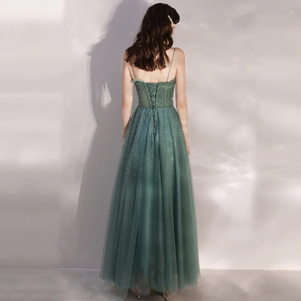 Elegant Green Evening Dresses  2020 A-Line / Princess Spaghetti Straps Sleeveless Beading Pearl Rhinestone Floor-Length / Long Ruffle Backless Formal Dresses