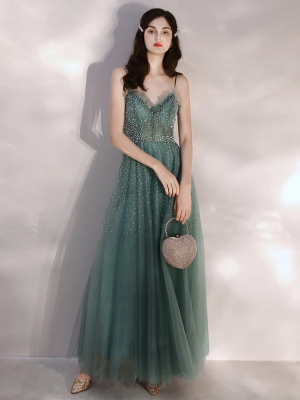 Elegant Green Evening Dresses  2020 A-Line / Princess Spaghetti Straps Sleeveless Beading Pearl Rhinestone Floor-Length / Long Ruffle Backless Formal Dresses