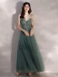 Elegant Green Evening Dresses  2020 A-Line / Princess Spaghetti Straps Sleeveless Beading Pearl Rhinestone Floor-Length / Long Ruffle Backless Formal Dresses