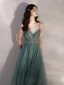 Elegant Green Evening Dresses  2020 A-Line / Princess Spaghetti Straps Sleeveless Beading Pearl Rhinestone Floor-Length / Long Ruffle Backless Formal Dresses
